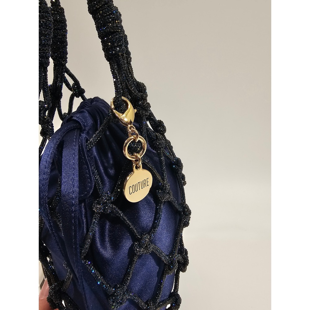 Judith Leiber Couture Sparkle Net Pouch Bag Bucket Navy Satin Mesh Evening EUC - Picture 5 of 13